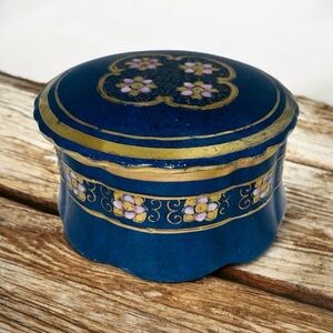 Toyo Cobalt Blue Porcelain Trinket Box with Gold & Floral Detail 4.5” x 2.75”